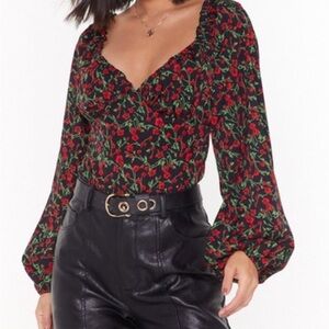 Nasty Gal Black and Red Floral Bodysuit
